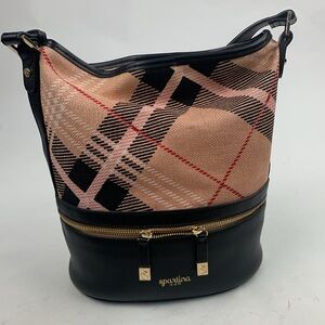 Spartina Linen Leather Shoulder Bag black gold peach plaid snap zip close Lined